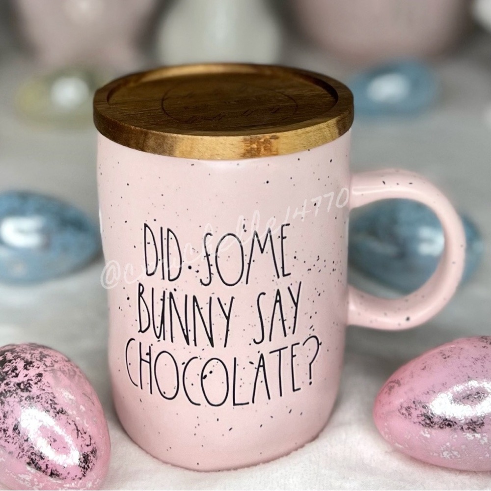 ❌SOLD❌ Rae Dunn Coffee Mug DID SOME BUNNY SAY CHOCOLATE Coaster Lid Easter Pink - Picture 1 of 17